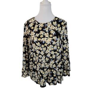 J. Jill Wearever Size S Round Neck Floral‎ Pullover Flare Bell Sleeve Top Black